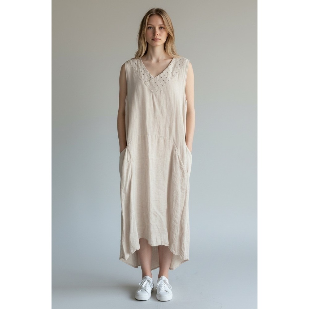 Terzo Millennio Italian Linen Eyelet Midi Dress Cream Sleeveless Pockets S